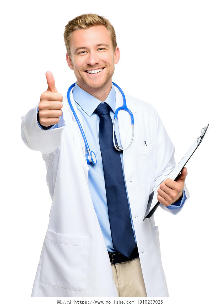 相信年轻的医生在白色背景上的完整长度加油点赞医生的手医生手势点赞手势